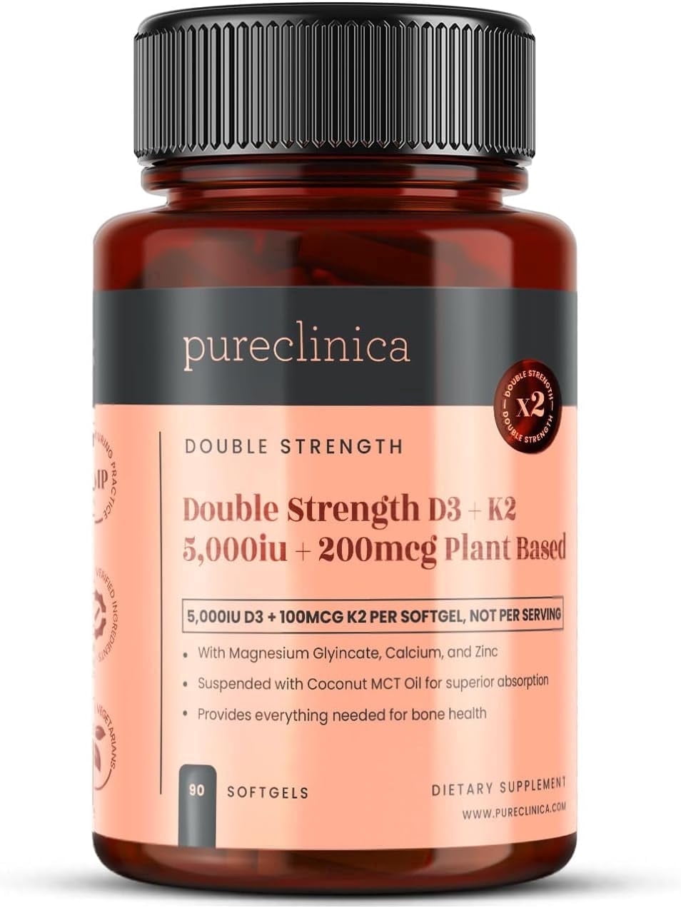 Pureclinica Double Strength D3 + K2 Complex – 5000 IU Vitamin D3 + 100mcg K2 with Magnesium, Calcium & Zinc – Vegan Softgels – 90 Count (3-Month Supply)