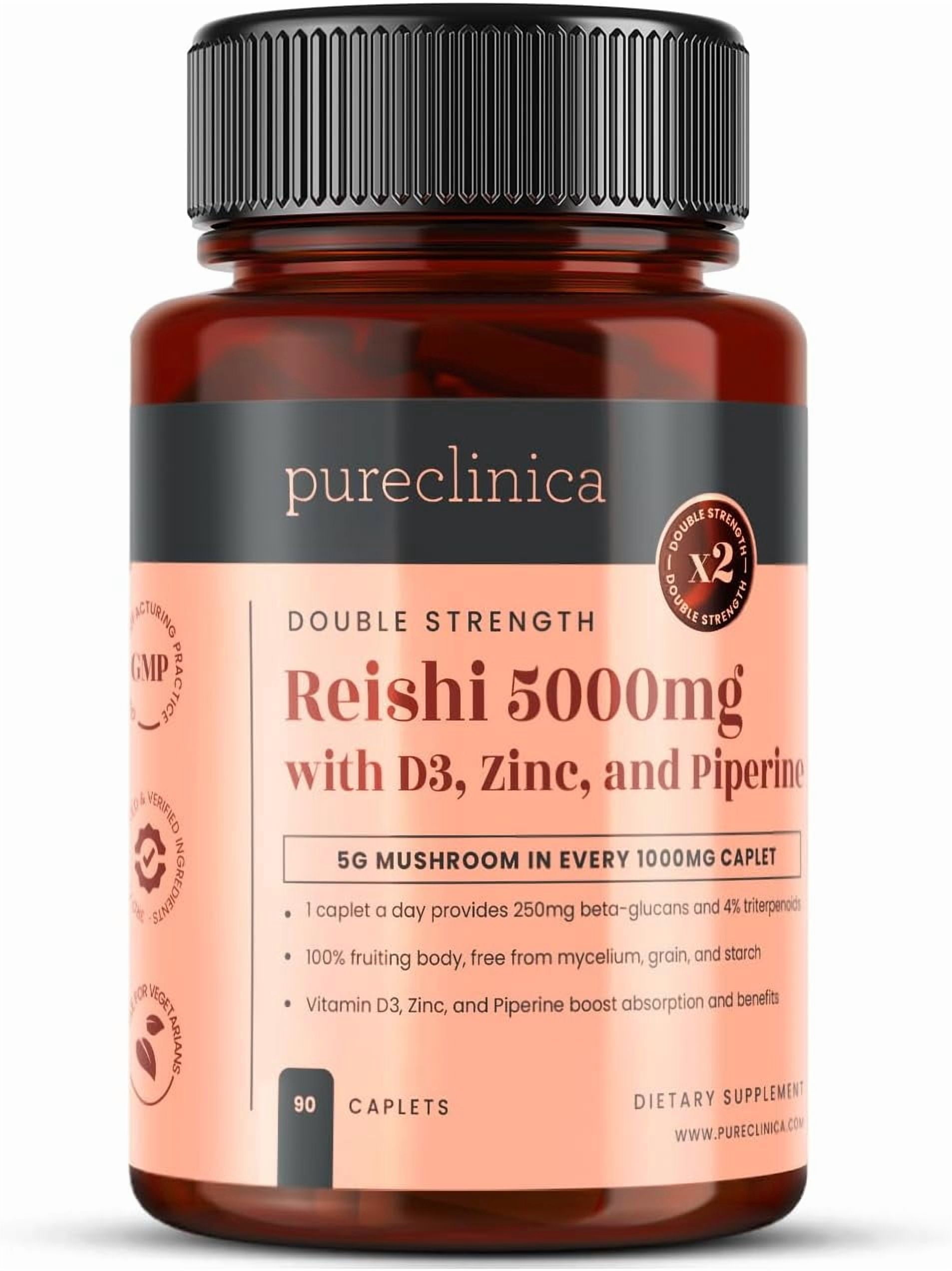 Pureclinica Double Strength Reishi Mushroom 5000mg – 90 Caplets (3-Month Supply) – with Vitamin D3, Zinc & Piperine – 100% Fruiting Body Extract – No Mycelium or Fillers