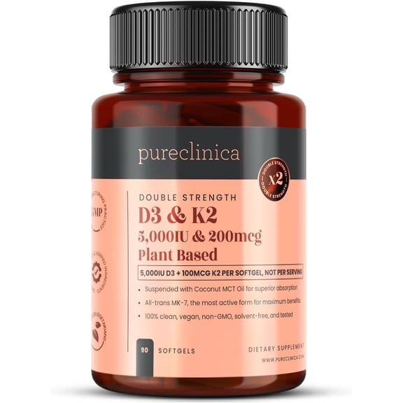 Pureclinica Double Strength Vitamin D3 + K2 (MK-7) 5,000 IU D3 + 100mcg K2 Plant-Based Lichen D3 & Natto MK-7 Enhanced Absorption with MCT Oil 90 Vegan Softgels (3-Month Supply)