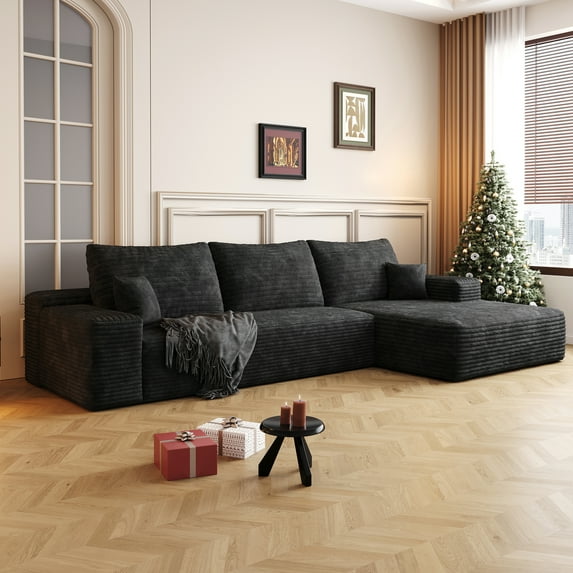 Puredashio Modular sectional Sofa with Detachable Cushions, 106” Cordouroy Sectional Couch with 2 pillows, No Assembly Required, Living Room & Apartment, Black