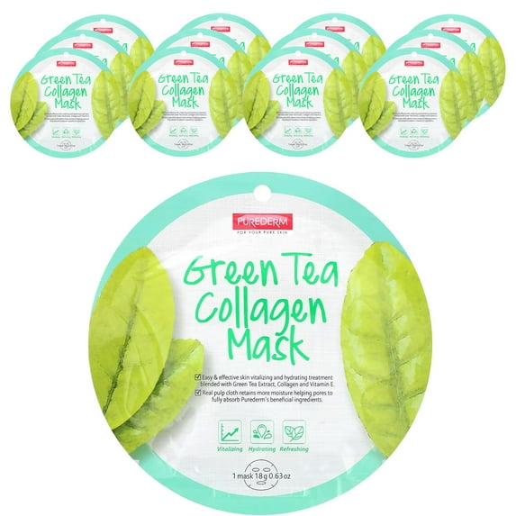 Purederm Green Tea Collagen Beauty Mask, 12 Sheets, 0.63 oz (18 g) Each