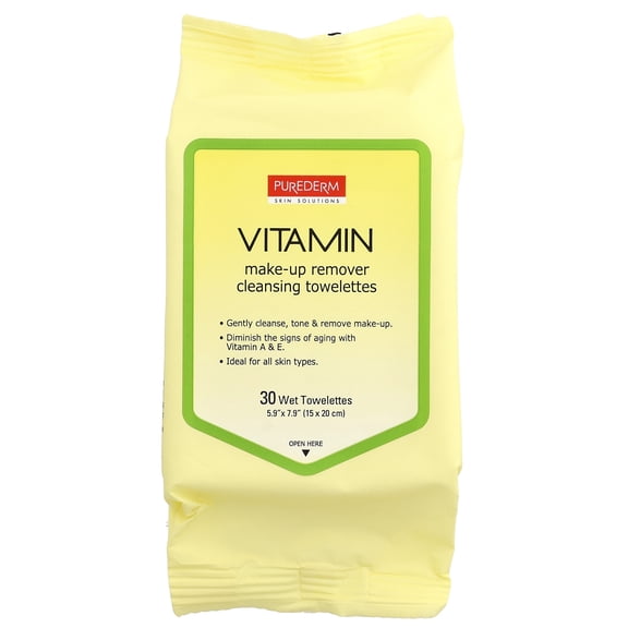 Purederm Make-Up Remover Cleansing Towelettes, Vitamin, 30 Wet Towelettes