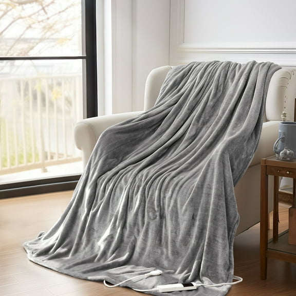Puredown Heated Electric Blanket Full Size 72 x 84 inches, Flannel Electric Blanket for Couch & Bed, 1/2/4/6/8 Hours Auto-off 10 Heat Level Blankets, Over-heat Protection, Machine Washable,Gray