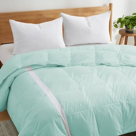 Puredown Lightweight Breathable Cooling White Down Comforter, Mesh Design Oversized Blanket, Full/Queen, Green