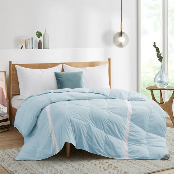 Puredown Lightweight Breathable Cooling White Down Comforter, Mesh Design Oversized Blanket, Twin, Blue