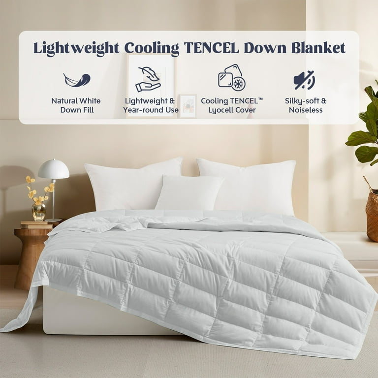 Puredown Ultra Lightweight Cooling Tencel White Down Blanket Oversize Satin Trim Design Tencel Light Gray 90 x 90