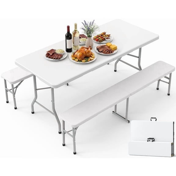 Pureegg Folding Table and Chairs Set - Sturdy 6FT Folding Table with 2 Chairs, No Assembly Required, Portable Camping Table with Carry Handle for Dining, Party, White