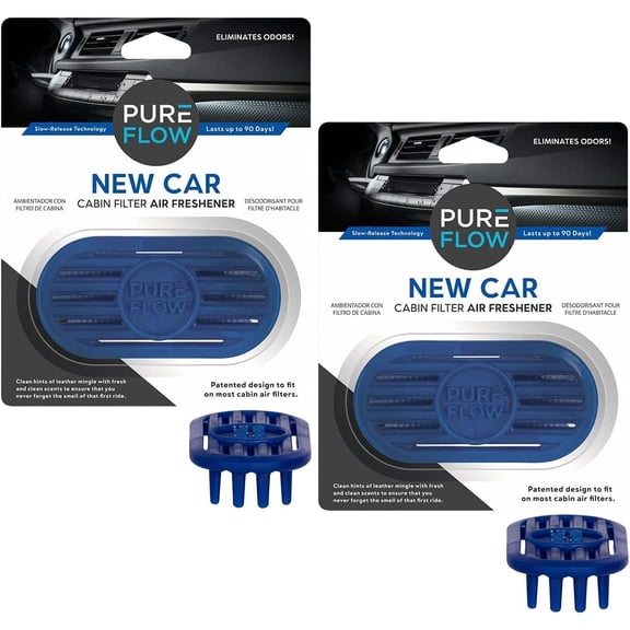 Pureflow Cabin Filter Air Freshener with Odor Eliminator โ Fits on Most Car, Truck, and SUV Cabin Air Filters - New Car (2 Pack)