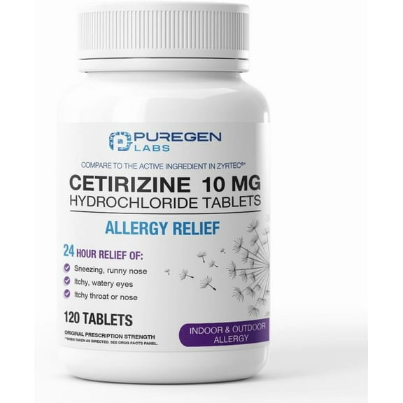 Puregen Labs 24-Hour Allergy Relief, Cetirizine 10mg 120 Tablets 24 Hour Non-Drowsy Antihistamine Allergy Medicine for Runny Nose, Sneezing, Itchy, Watery Eyes 1PK
