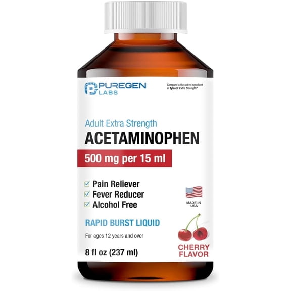 Puregen Labs Adult Extra Strength Acetaminophen Liquid 500mg/15ml - 8 fl oz - Rapid Burst Pain Reliever/Fever Reducer, Cherry Flavor | Muscle & Joint Pain Relief | Arthritis Pain Relief