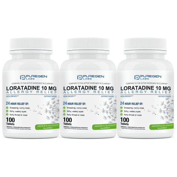 Puregen Labs Allergy Relief Loratadine 10mg - Non-Drowsy Antihistamine Allergy - 100 Tablets - 3PK