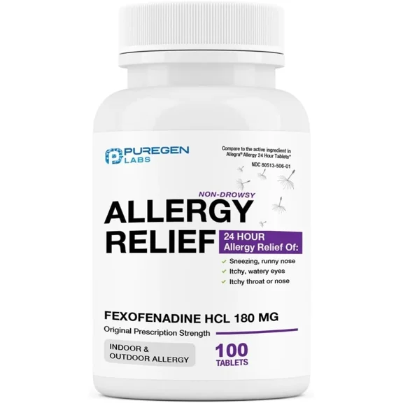 Puregen Labs Allergy Relief Non-Drowsy Fexofenadine Antihistamine Tablets for Runny Nose, Sneezing, Itchy, Watery Eyes, 180mg, 100 Count
