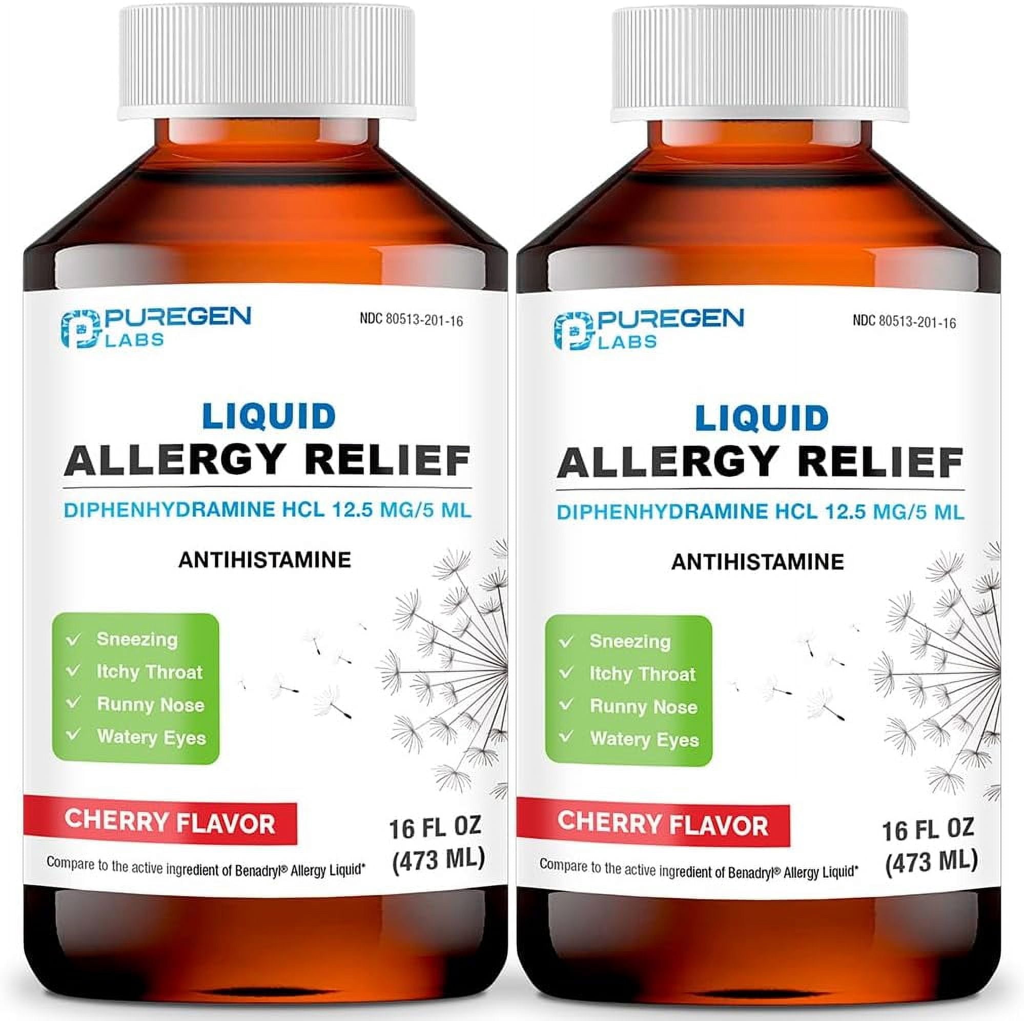 Puregen Labs Allergy Relief Oral Solution - Diphenhydramine HCl 12.5mg/5 mL Antihistamine - Cherry Flavor - 16 Ounces - 2PK