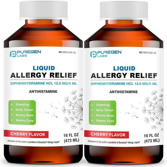 Puregen Labs Allergy Relief Oral Solution - Diphenhydramine HCl 12.5mg/5 mL Antihistamine - Cherry Flavor - 16 Ounces - 2PK