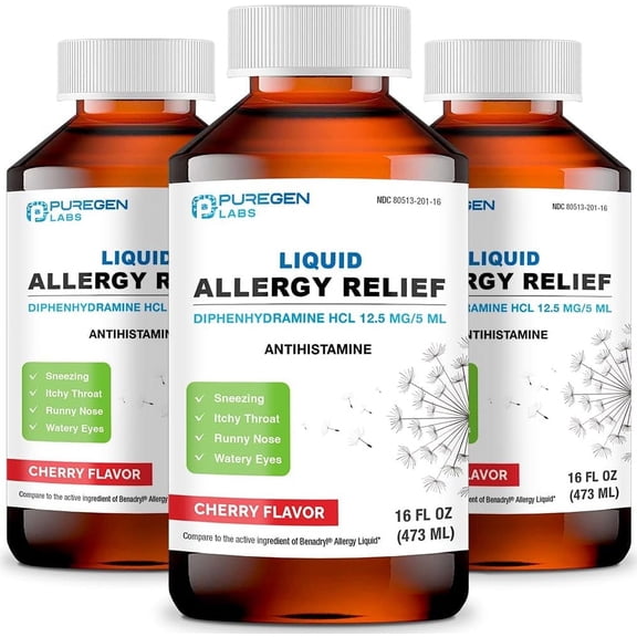 Puregen Labs Allergy Relief Oral Solution - Diphenhydramine HCl 12.5mg/5 mL Antihistamine - Cherry Flavor - 16 Ounces - 3PK