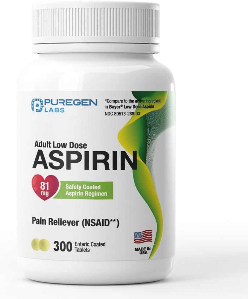 Puregen Labs Aspirin 81 mg Low Dose  300 Enteric Coated Tablets | Made in USA  1PK