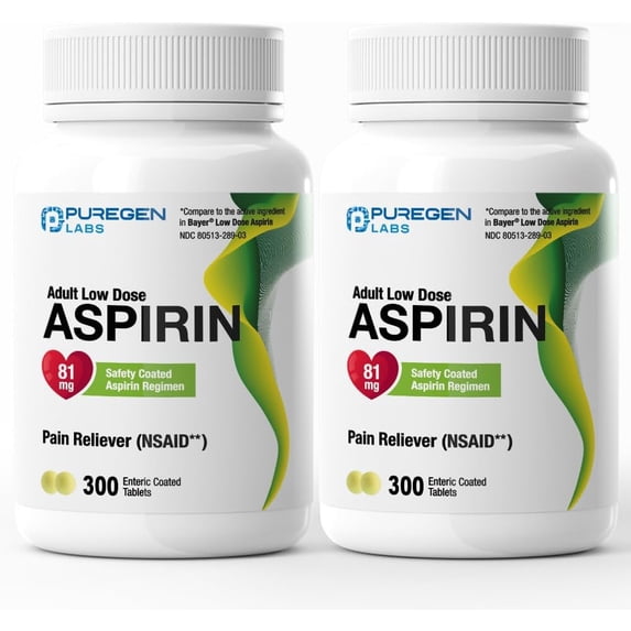 Puregen Labs Aspirin 81 mg Low Dose – 300 Enteric Coated Tablets | Made in USA – 2PK