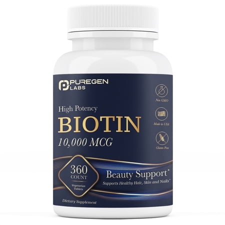 Puregen Labs Biotin For Healthy Hair, Skin & Nails - High Potency Beauty Support - Non-GMO, Gluten Free (360 Vegetarian Tablets)