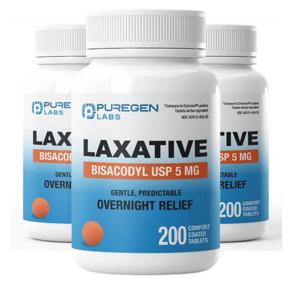 Puregen Labs Bisacodyl 5mg Tablet | 200 Count | Stimulant Laxative, Gentle and Fast Overnight Relief for Constipation (3PK)
