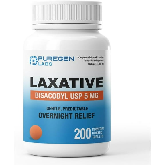 Puregen Labs Bisacodyl 5mg Tablet | 200 Count | Stimulant Laxative, Gentle and Fast Overnight Relief for Constipation