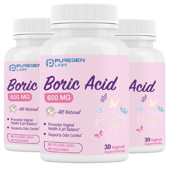 Puregen Labs Boric Acid 600mg, 30 Vegetable Capsules - Vaginal Suppositories - 3 Pack