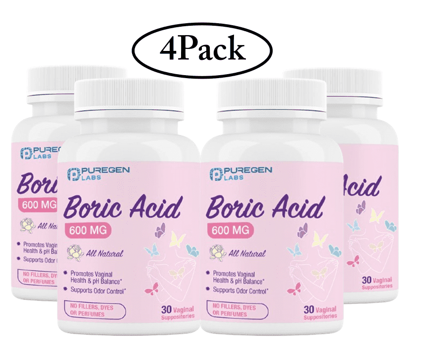 Puregen Labs Boric Acid 600mg Feminine Health Suppositories, 30 Count, 4-PK
