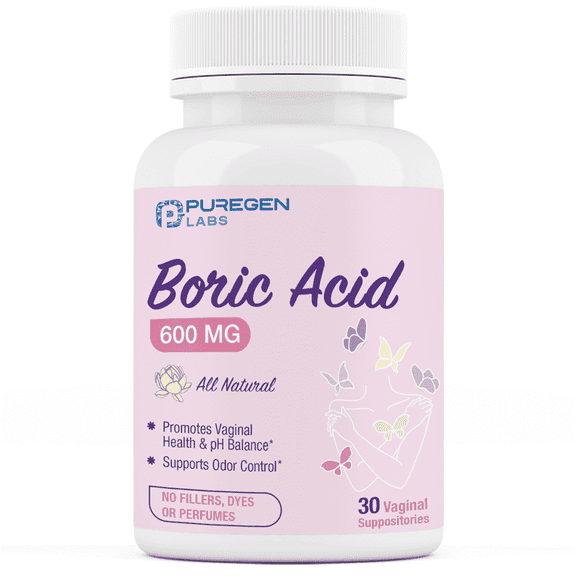 Puregen Labs Boric Acid 600 mg Vaginal Suppositories - 100% Pure | All Natural Without Dyes or Fillers | Supports Vaginal pH Balance and Odor Control (30 Count)