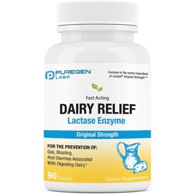 Puregen Labs Dairy Relief Lactase Enzyme 3000 FCC - Lactose Intolerance Pills - 90 Fast Acting Caplets - 1PK