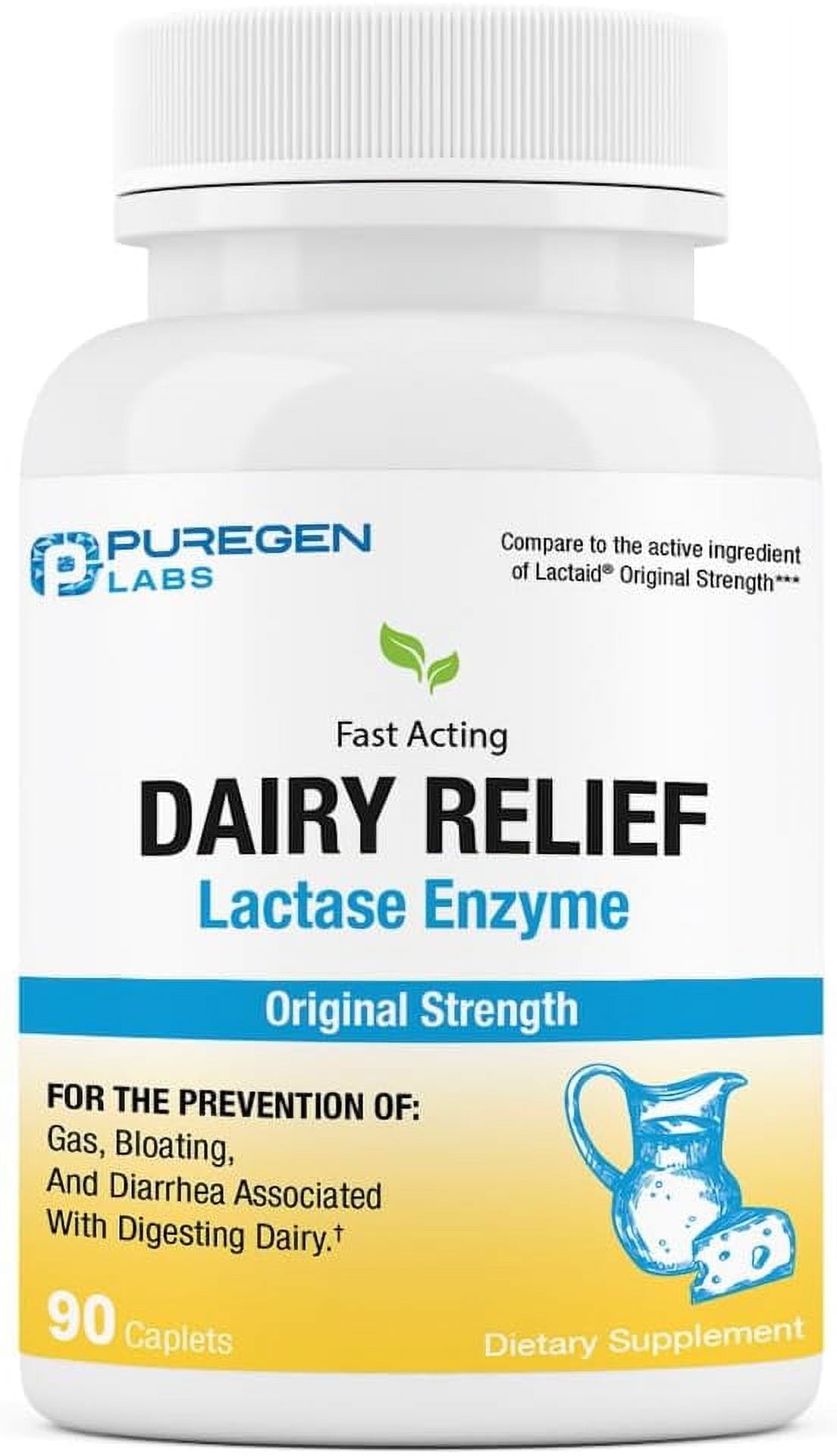 Puregen Labs Dairy Relief Lactase Enzyme 3000 FCC/Caplet, 90 Fast Acting Caplets