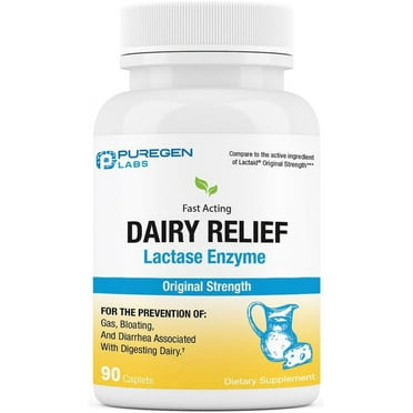 Puregen Labs Dairy Relief Lactase Enzyme 3000 FCC/Caplet, 90 Fast Acting Caplets