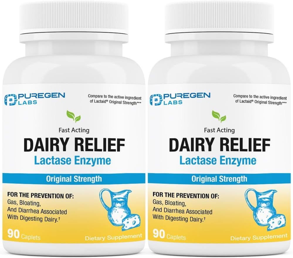 Puregen Labs Dairy Relief Lactase Enzyme 3000 FCC - Lactose Intolerance Pills - 90 Fast Acting Caplets - 2PK