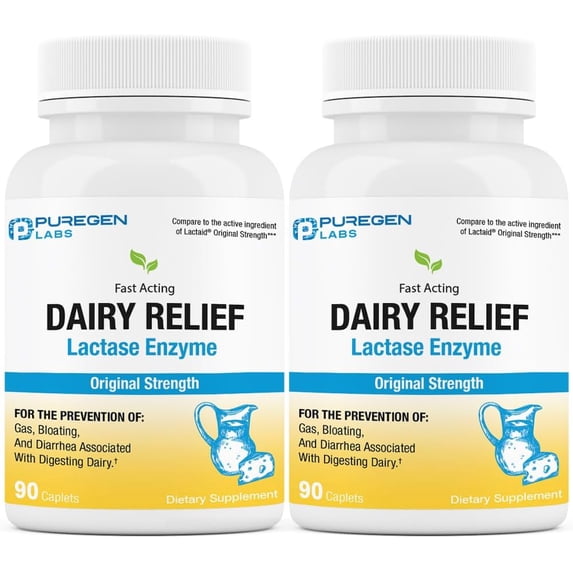 Puregen Labs Dairy Relief Lactase Enzyme 3000 FCC - Lactose Intolerance Pills - 90 Fast Acting Caplets - 2PK