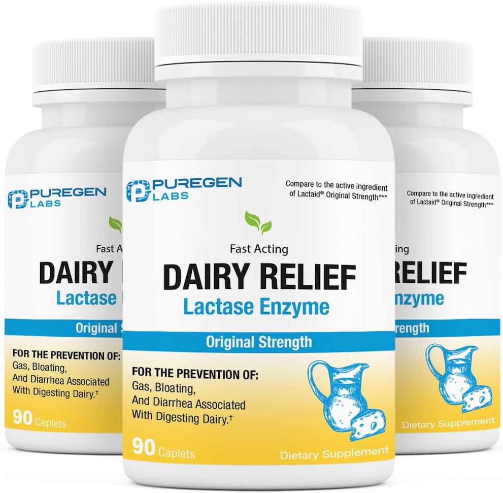 Puregen Labs Dairy Relief Lactase Enzyme 3000 FCC Lactose Intolerance