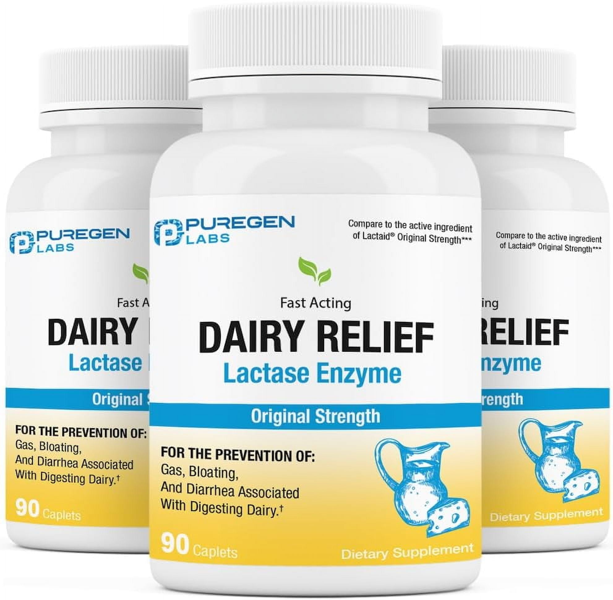 Puregen Labs Dairy Relief Lactase Enzyme 3000 FCC - Lactose Intolerance Pills - 90 Fast Acting Caplets - 3PK