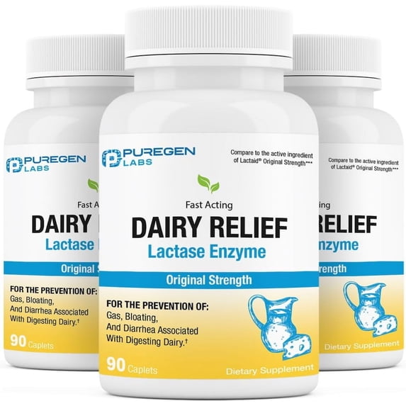 Puregen Labs Dairy Relief Lactase Enzyme 3000 FCC - Lactose Intolerance Pills - 90 Fast Acting Caplets - 3PK