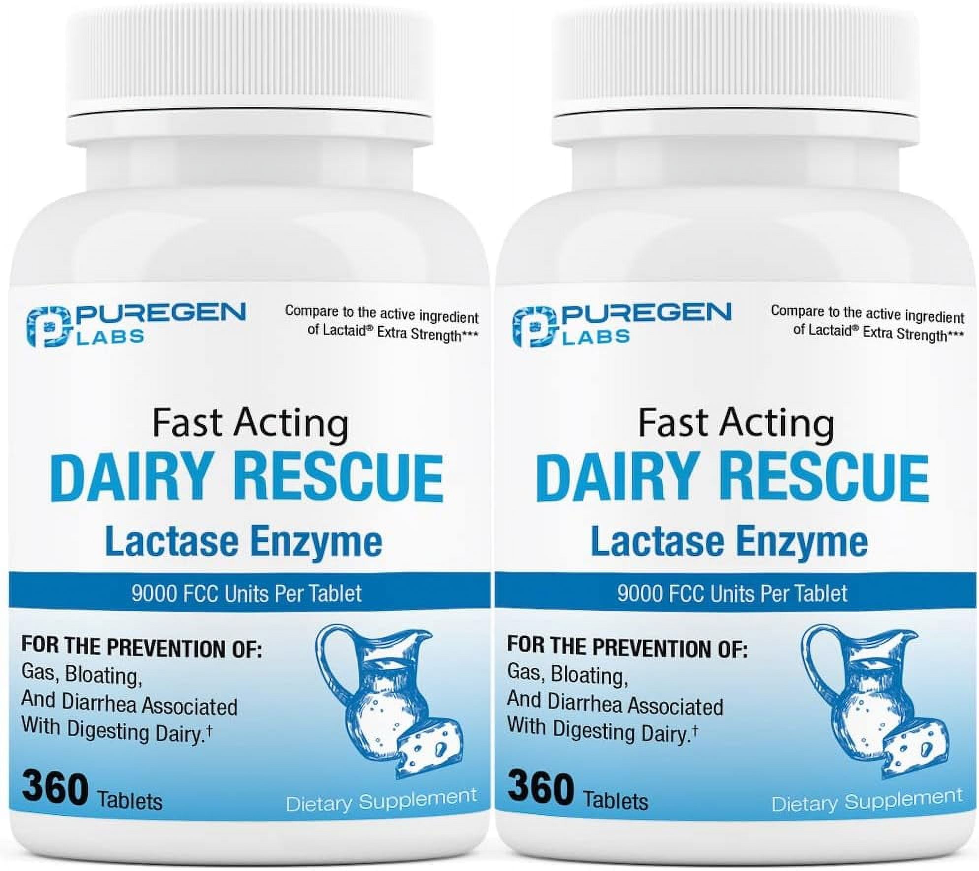 Puregen Labs Dairy Rescue Fast Acting Lactase Enzyme 9000 FCC - Lactose Intolerance Pills - 360 Tablets - 2PK