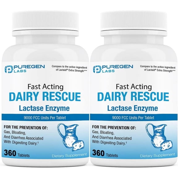 Puregen Labs Dairy Rescue Fast Acting Lactase Enzyme 9000 FCC - Lactose Intolerance Pills - 360 Tablets - 2PK