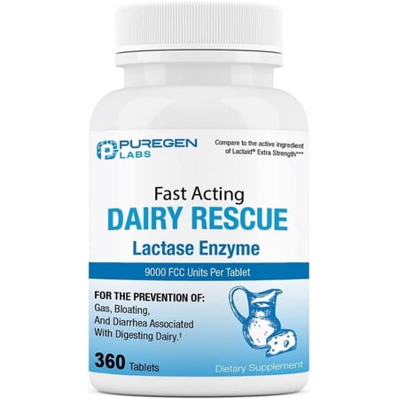 Puregen Labs Dairy Rescue Lactase Enzyme 9000 FCC Supplement (360 Tablets)