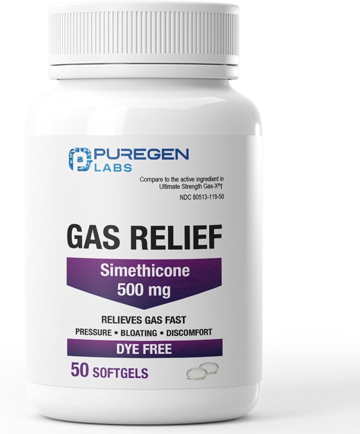 Puregen Labs Dye Free Formula Simethicone Gas Relief Softgels for Gas ...