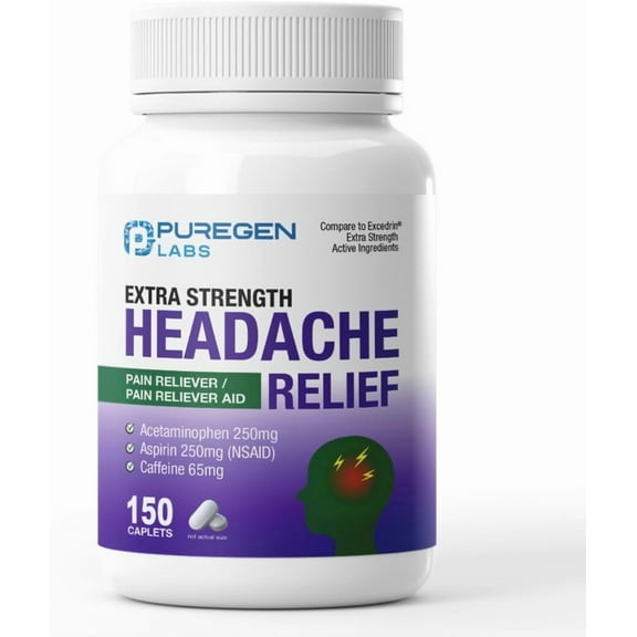 Puregen Labs Extra Strength Headache Relief 150 Caplets with Acetaminophen 250 mg, Aspirin (NSAID) 250 mg, Caffeine 65 mg - Temporary Relief of Minor Aches & Pains