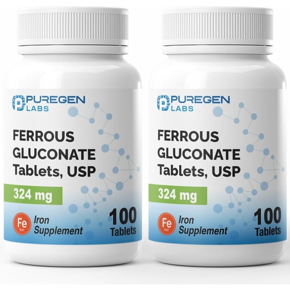 Puregen Labs Ferrous Gluconate 100 Tablets Iron Supplement - 2PK
