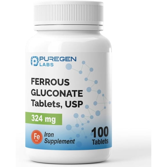 Puregen Labs Ferrous Gluconate 324 mg [High Potency] Iron Deficiency Supplement - Gentle on Stomach - 100 Tablets - 1PK