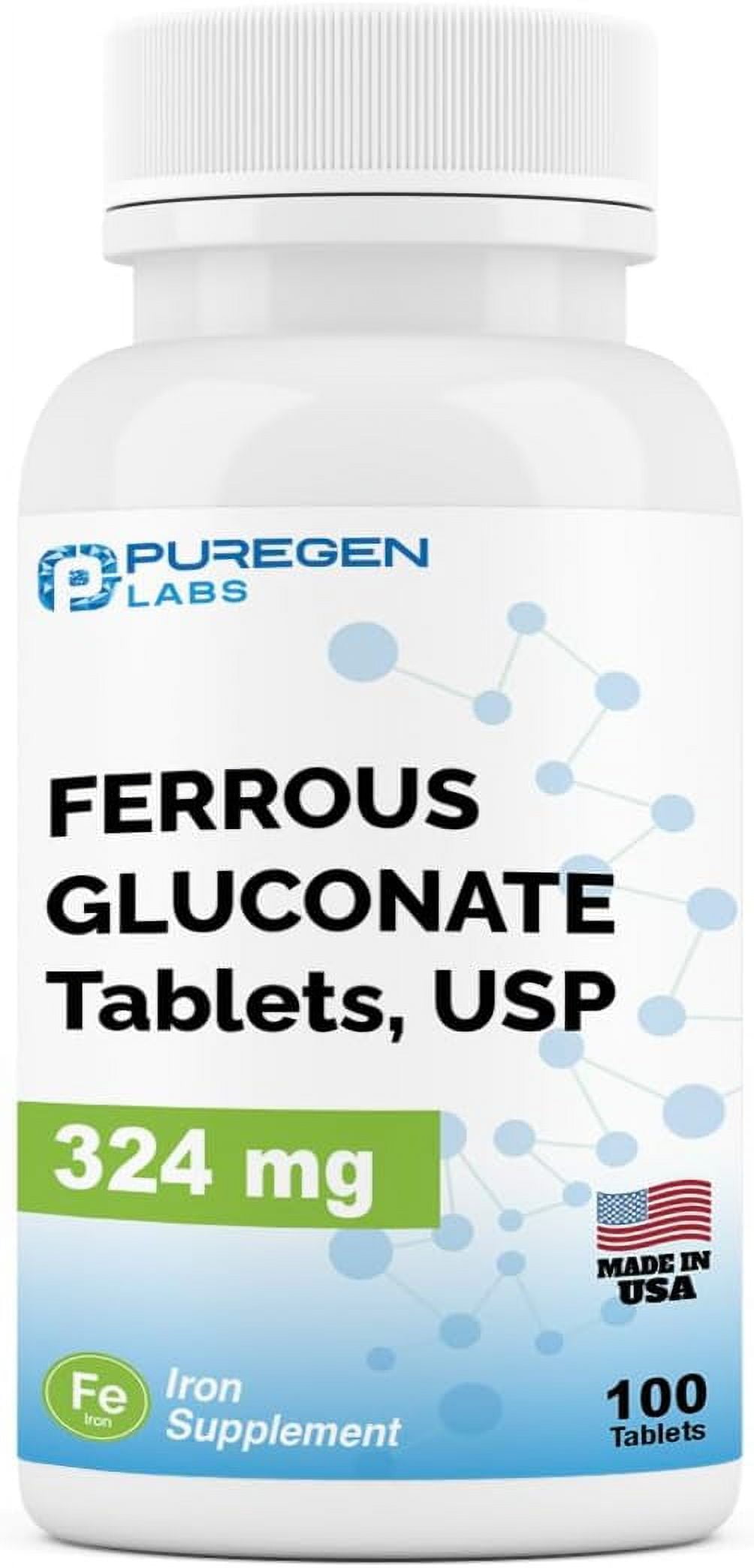 Puregen Labs Ferrous Gluconate 324 mg. 100 Tablets. Iron Supplement