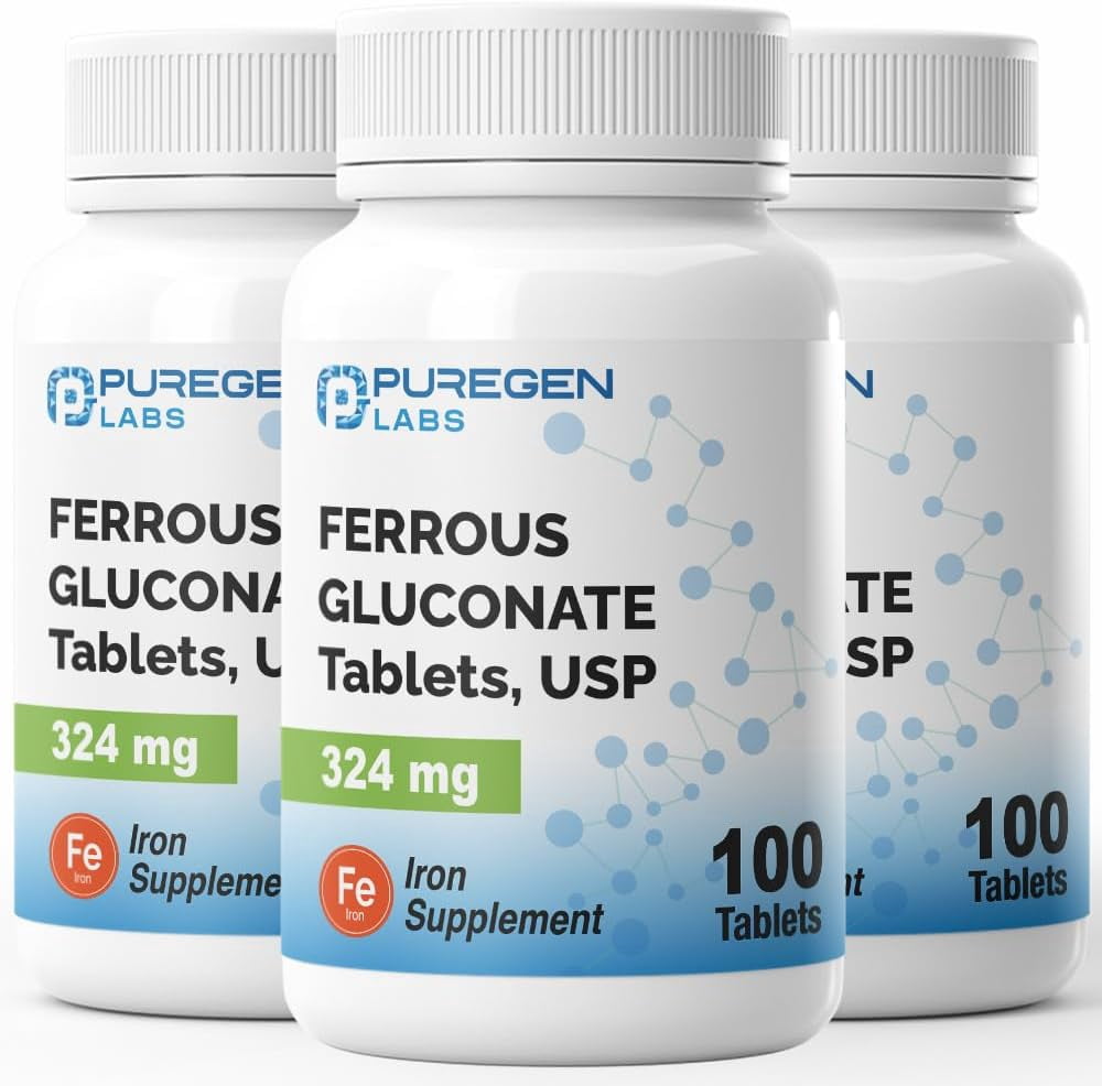 Puregen Labs Ferrous Gluconate Iron Supplement, 100 Tablets, 3PK