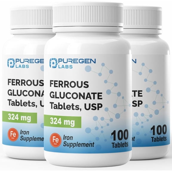 Puregen Labs Ferrous Gluconate Iron Supplement, 100 Tablets, 3PK