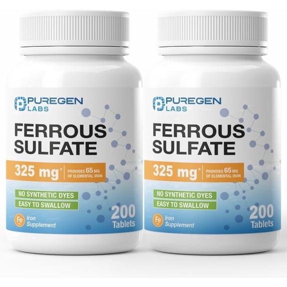 Puregen Labs Ferrous Sulfate 325 mg - 200 Tablets - 2 Pack
