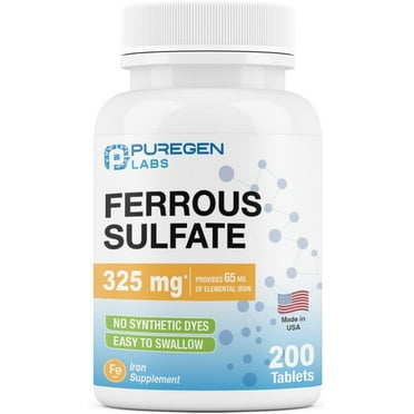 Puregen Labs Ferrous Sulfate 325 mg High Potency Iron Supplement - No Artificial Color Additives - 200 Tablets - 1PK