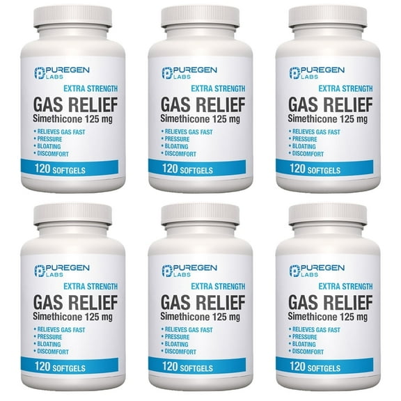 Puregen Labs Gas Relief Simethicone 125 mg. Extra Strength 120 Softgels (6 Pack)