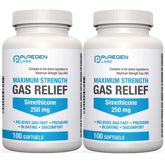 Puregen Labs Gas Relief Simethicone 250 mg - Maximum Strength - 100 Softgels - 2PK