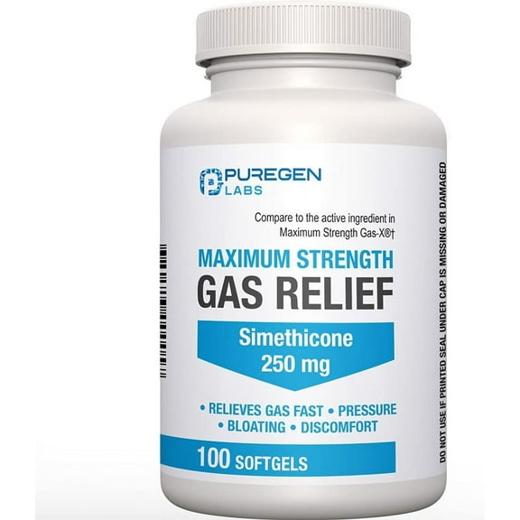 Puregen Labs Gas Relief Simethicone 250mg. Maximum Strength - 100 Softgels - 1PK